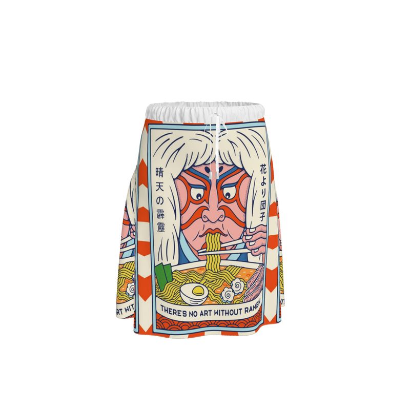 skirt with a cartoon image of a Kabuki actor eating ramen