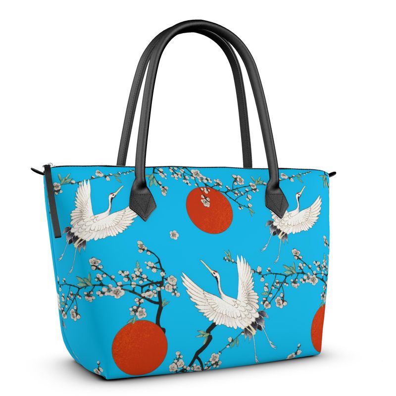 Sac à main zippé imprimé fleur de cerisier japonais et grue