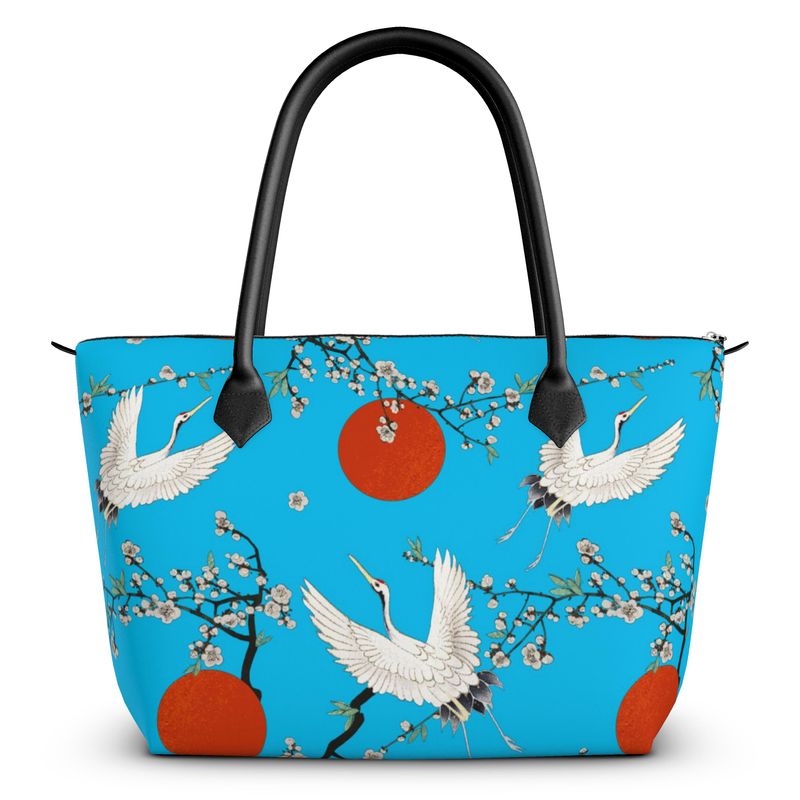 Sac à main zippé imprimé fleur de cerisier japonais et grue