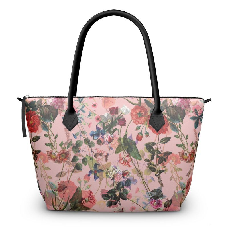 Handtasche mit Reißverschluss oben und rosa Blumenmuster