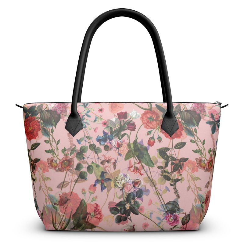 Handtasche mit Reißverschluss oben und rosa Blumenmuster