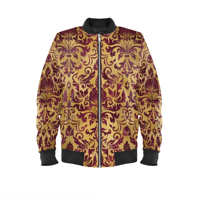 Art Nouveau Maroon and Gold Bomber Jacket, in either Marbled Velvet, Satin, Jersey or Waterproof Outer