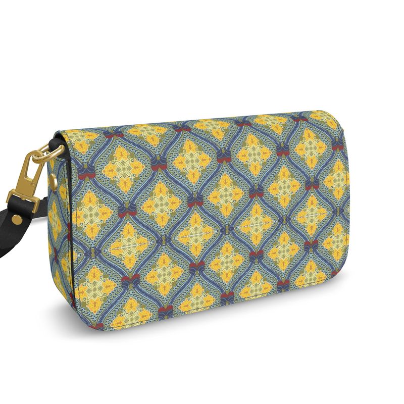 Lemon and Blue Art Deco Fold Over Bag in Nappa leather