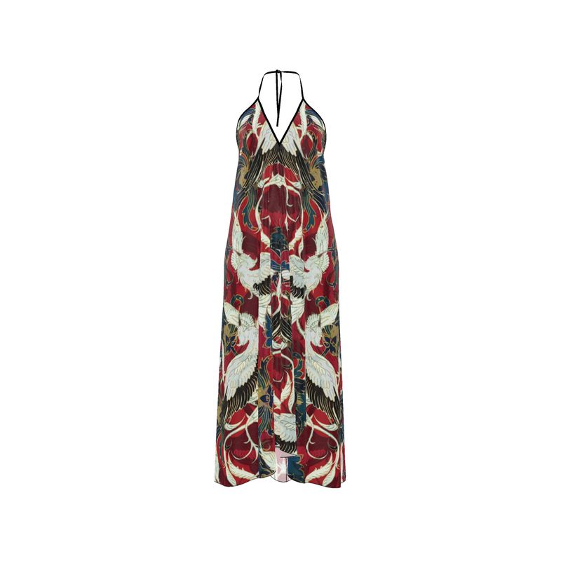 Boho Maxikleid aus Seide, Neckholder, chinesischer Kranich-Print