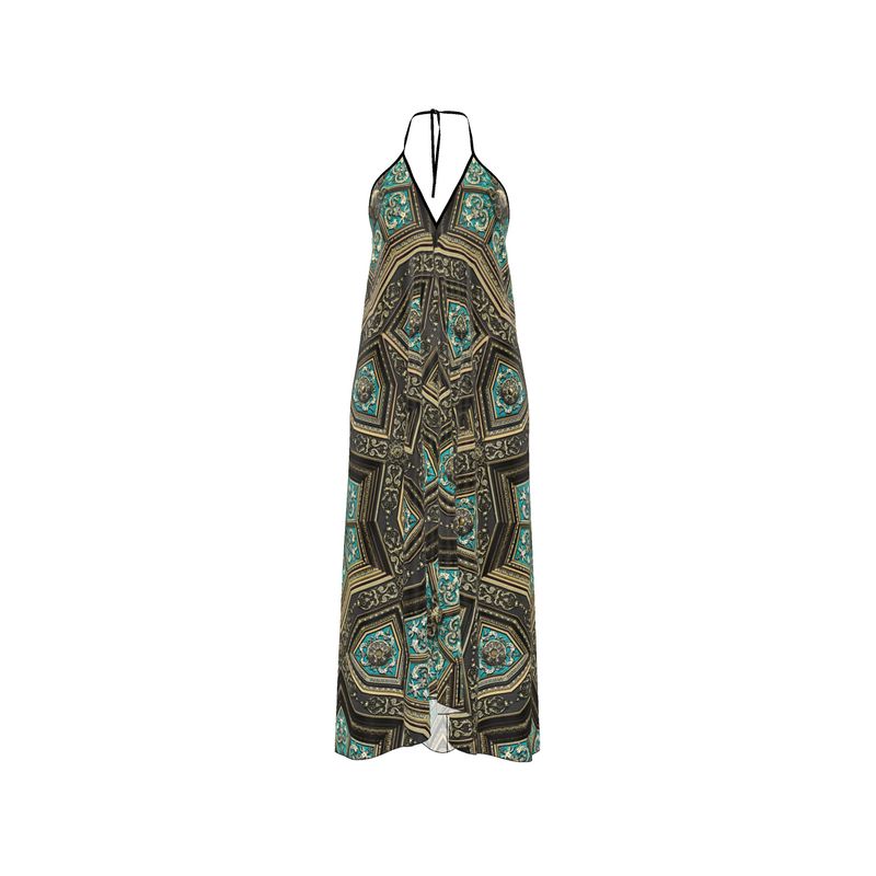 Rückenloses Boho Maxi Seidenhalterkleid, Jugendstilkleid