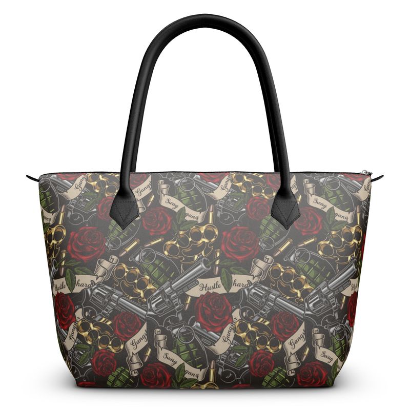 Zip Top Handtasche mit Rosen, Pistolen und Schlagringen, Lederhandtasche, Retro Handtasche, Rockabilly