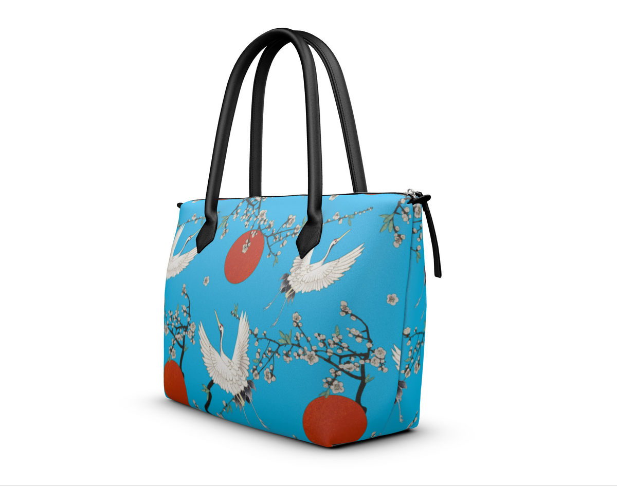 Sac à main zippé imprimé fleur de cerisier japonais et grue