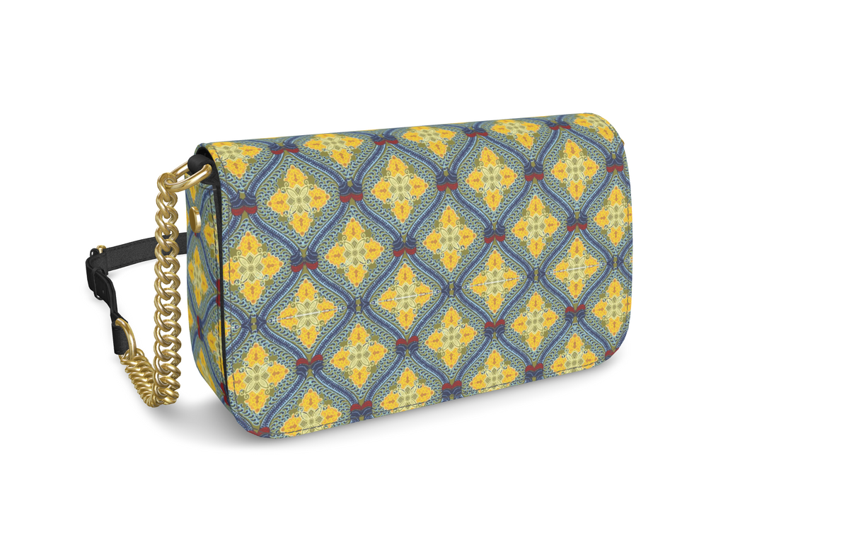 Lemon and Blue Art Deco Fold Over Bag in Nappa leather