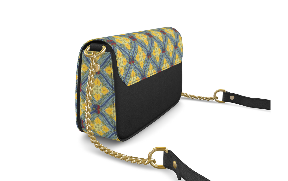 Lemon and Blue Art Deco Fold Over Bag in Nappa leather