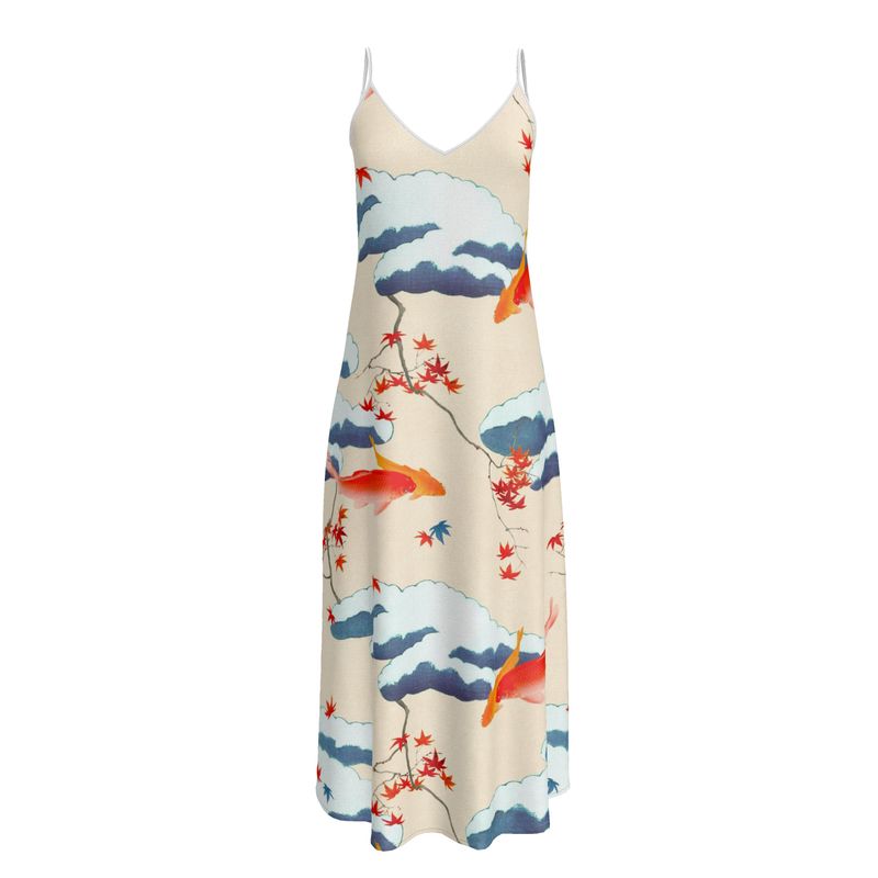 Silk slip maxi dress with Japanese Koi print