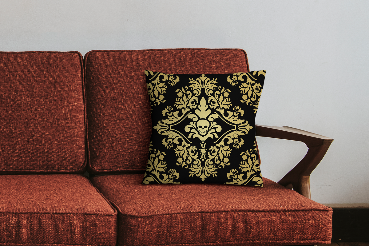 Cushion Cover - Skull Damask Gold and Black