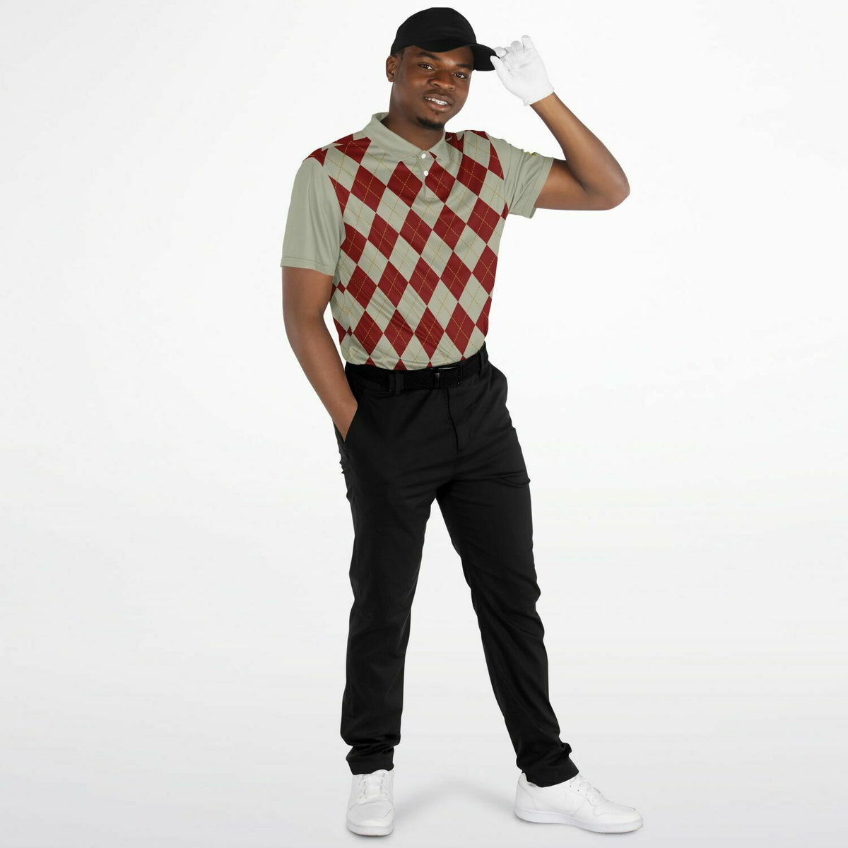 Performance Golf Polo with Sweat Wicking, Smoke and Burgundy Argyle