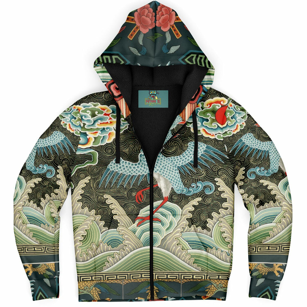 Art Nouveau Microfleece Zip Hoodie with Chinese Crane