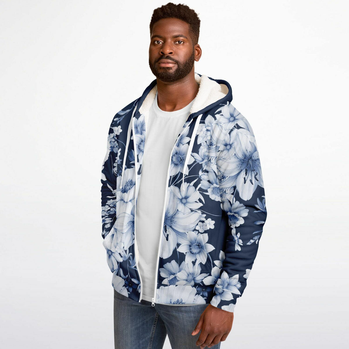 Navy and White Floral Microfleece Hoodie