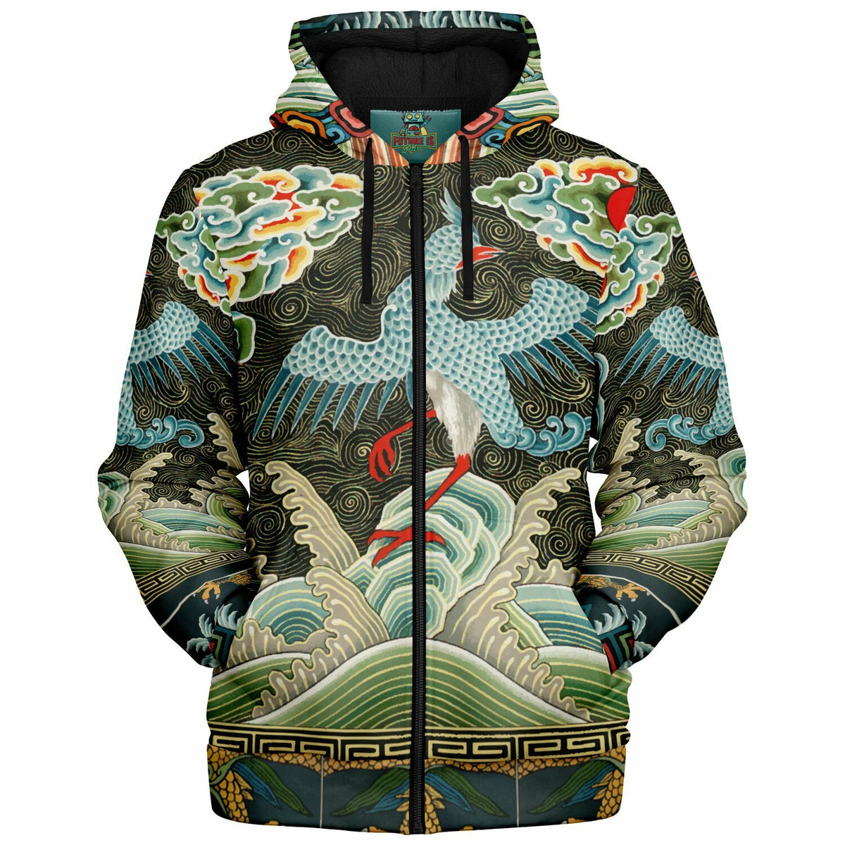 Art Nouveau Microfleece Zip Hoodie with Chinese Crane