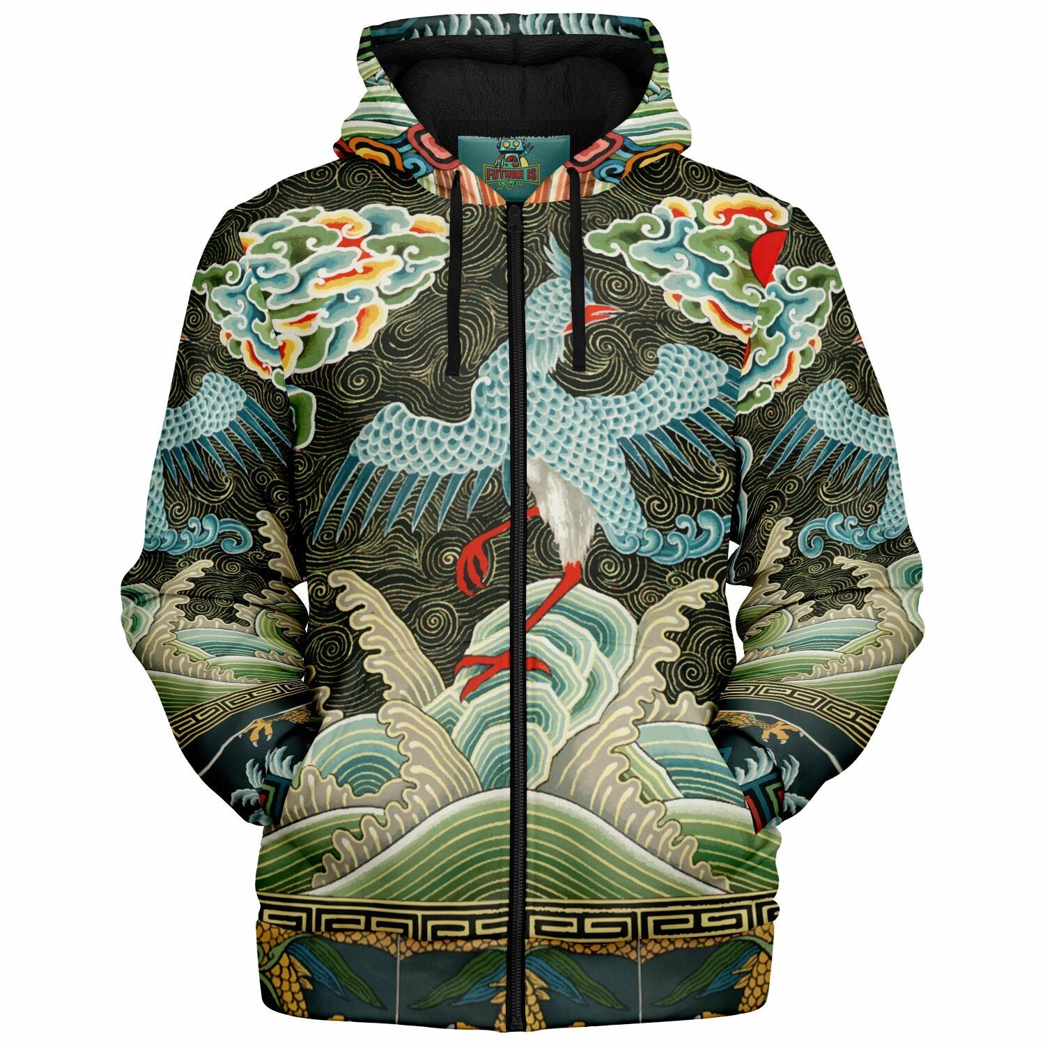 Woman in Art Nouveau zip up hoodie featuring beautiful Chinese crane design in a park with a book