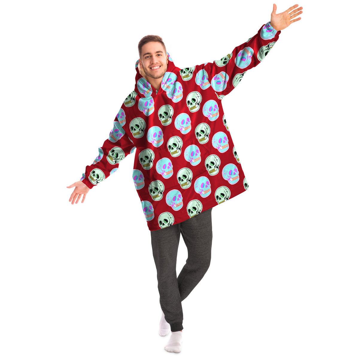 Kuscheliger Kapuzenpullover aus Mikrofleece mit Retro-Totenkopf-Print 