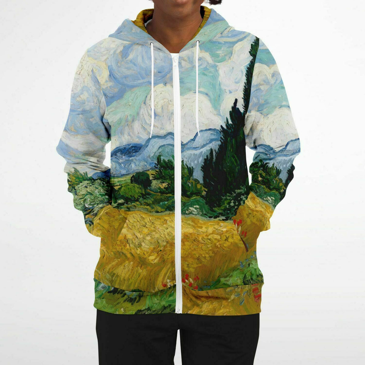Van Gogh Zip-Up Hoodie Wheat field with Cypresses