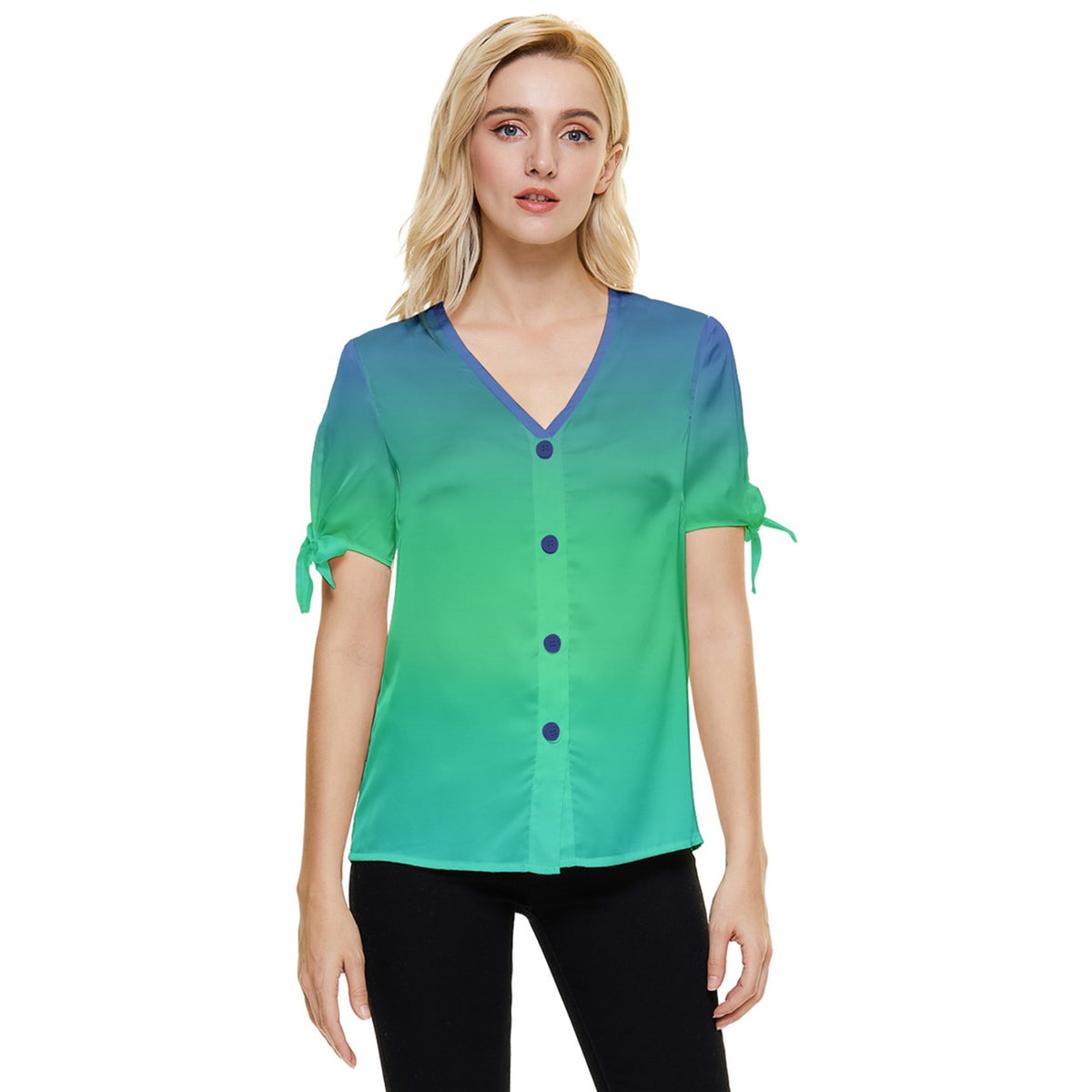 Blue Green Ombre Blouse Bow Sleeve Button Up Top