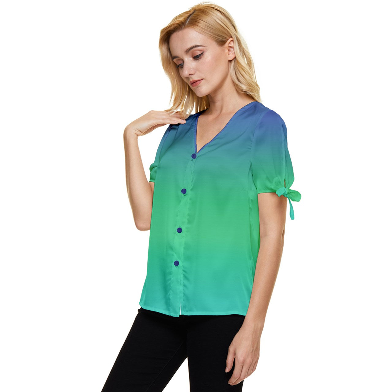 Blue Green Ombre Blouse Bow Sleeve Button Up Top