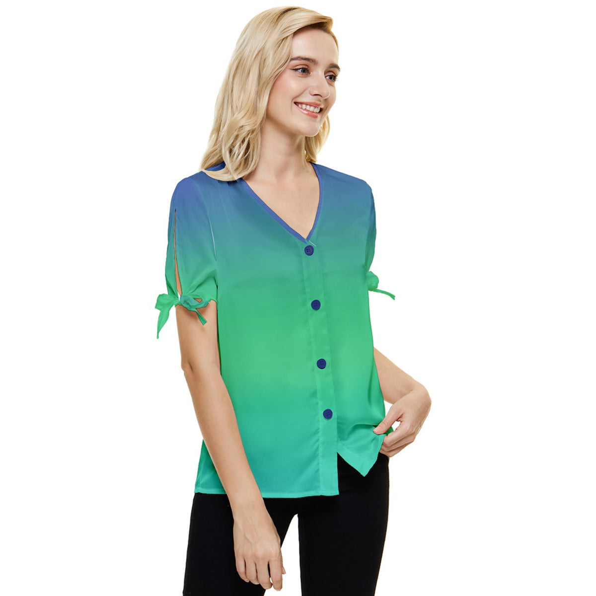 Blue Green Ombre Blouse Bow Sleeve Button Up Top