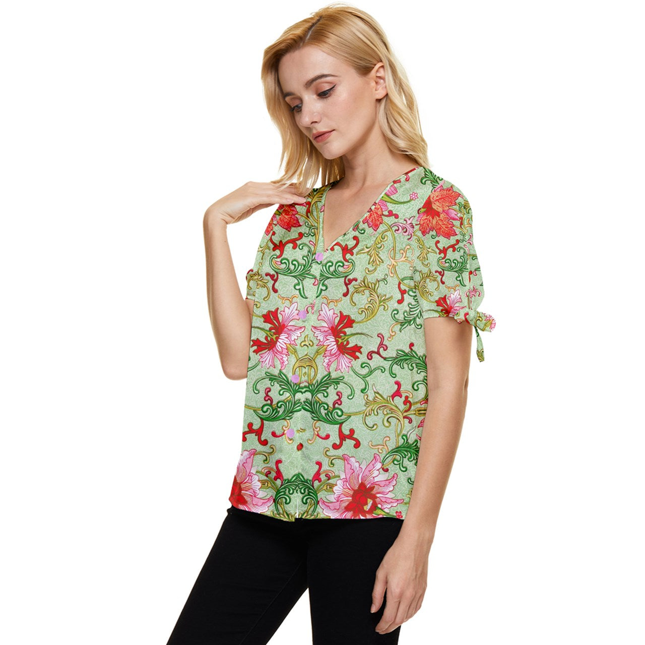 Art Nouveau Chinese floral Bow Sleeve Button Up Top