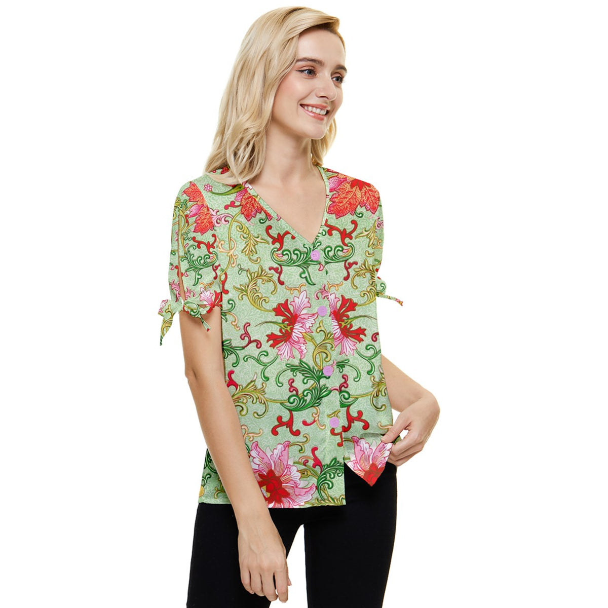 Art Nouveau Chinese floral Bow Sleeve Button Up Top