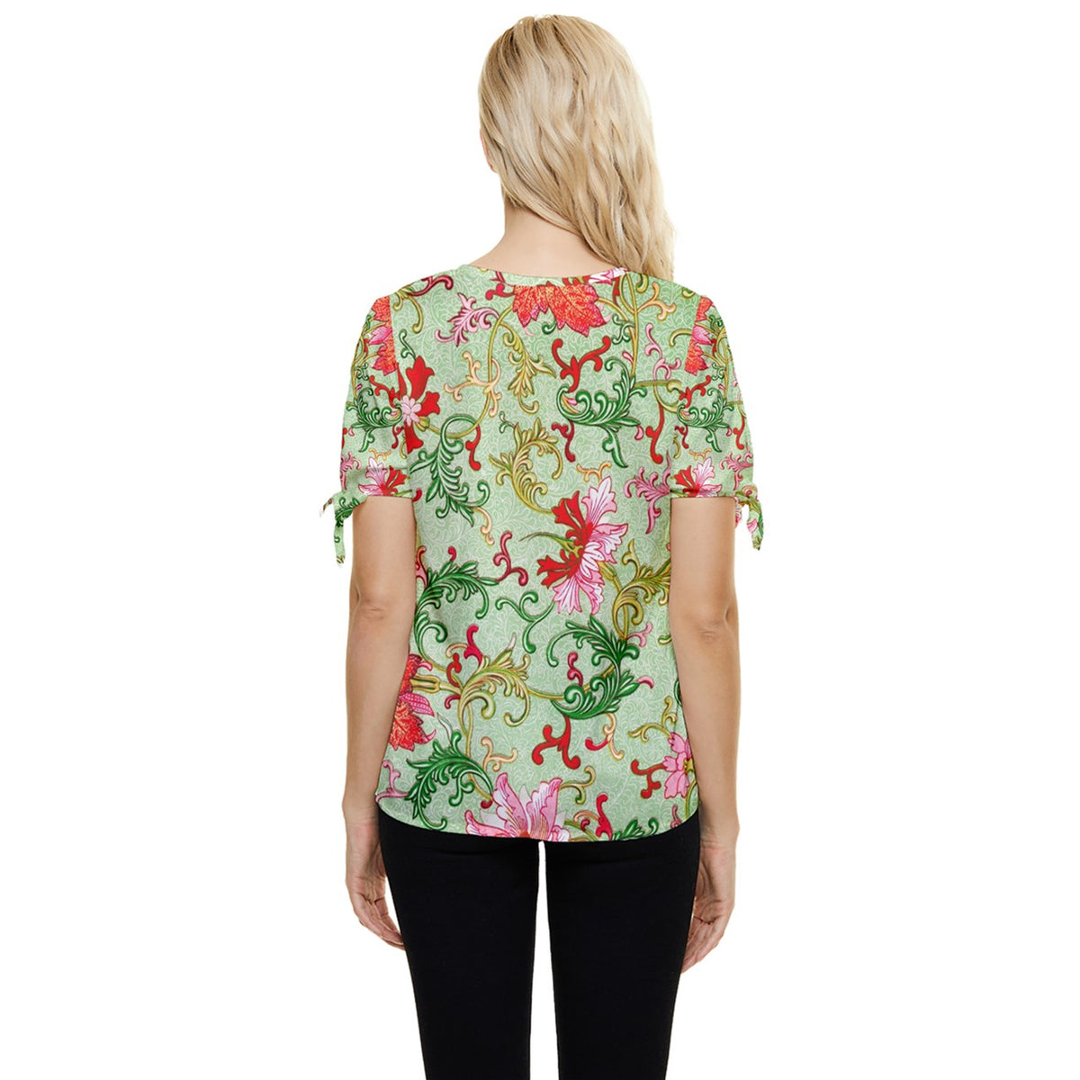 Art Nouveau Chinese floral Bow Sleeve Button Up Top