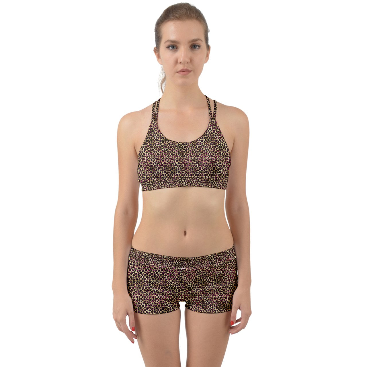 High-Performance Ruby Leopard Print Women's Gym Set - Booty Shorts and Webbed Back Bra