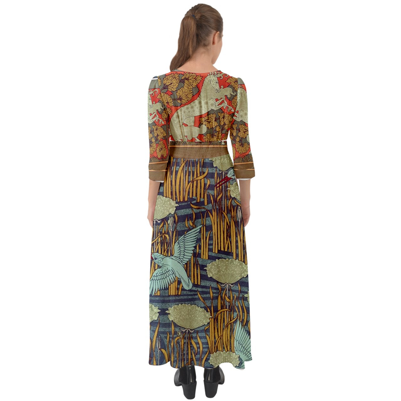 Art Nouveau Maxi Dress, Boho Chic, Horse & Hummingbird Design, Polyester, Button-Up, Lightweight