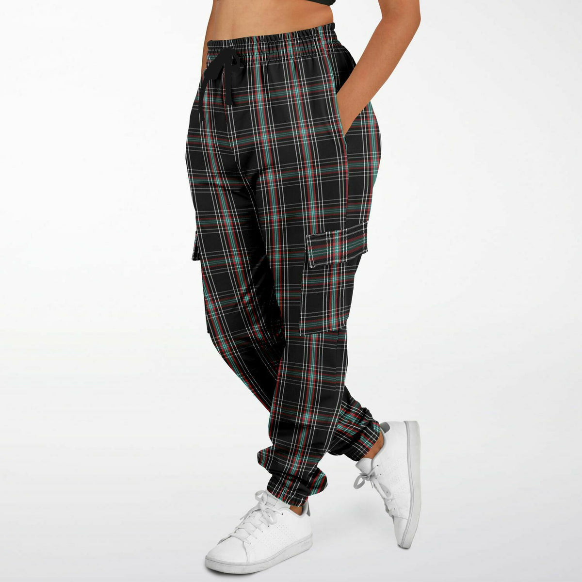 Black Plaid Athletic Cargo Sweatpants - AOP