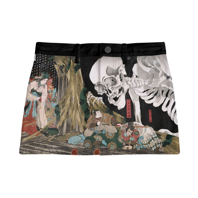 Denim Skirt With Japanese Art Print