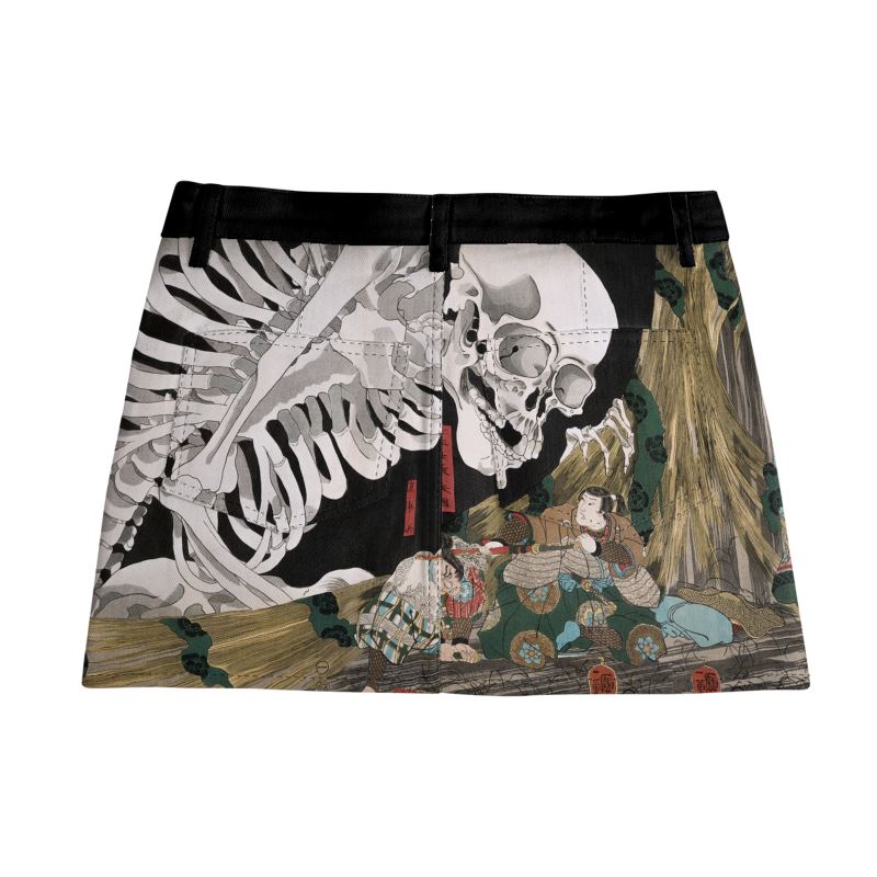 Denim Skirt With Japanese Art Print