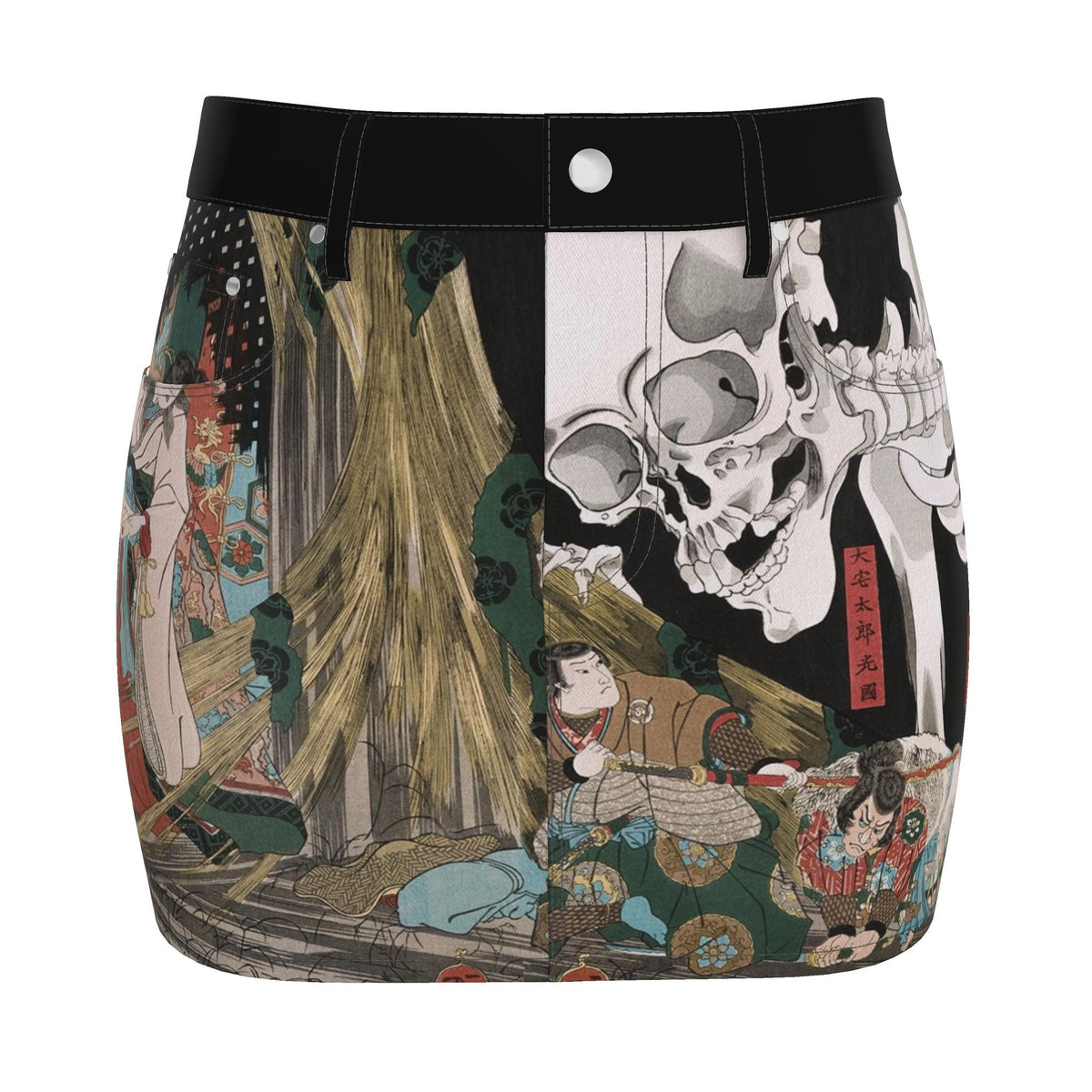 Denim Mini Skirt with Ukiyo-e Art Print