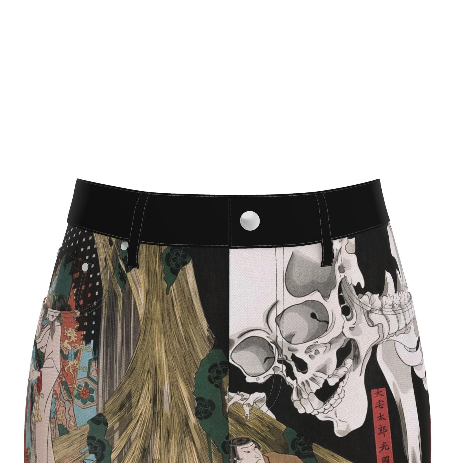 Denim Mini Skirt with Ukiyo-e Art Print