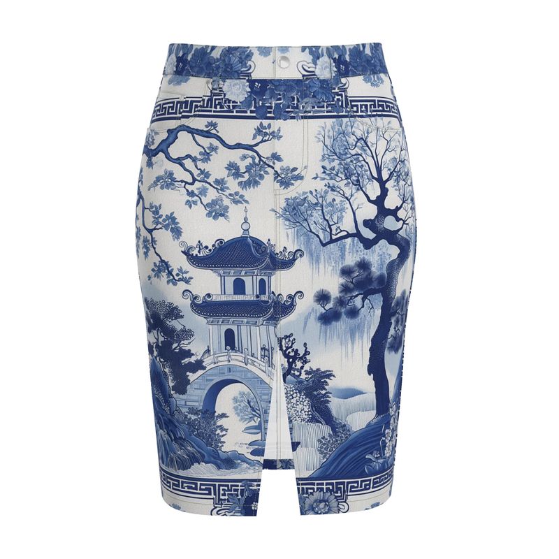 Denim Midi Skirt - Vintage Porcelain Print