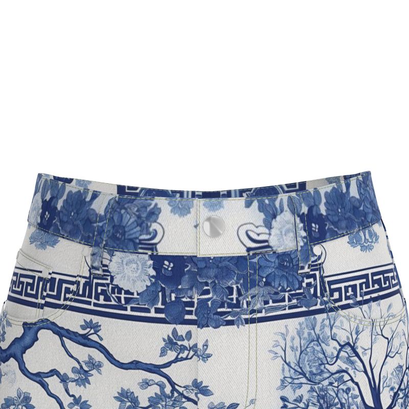 Denim Midi Skirt - Vintage Porcelain Print