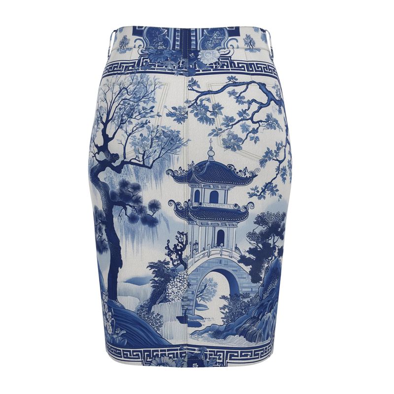 Denim Midi Skirt - Vintage Porcelain Print