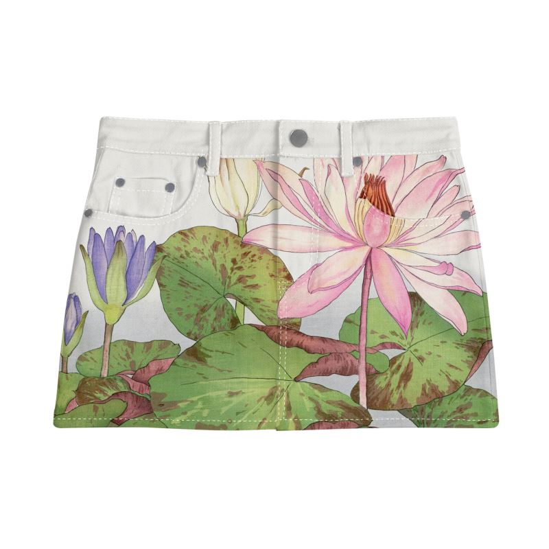 Denim Mini Skirt With Japanese Woodblock Floral Art