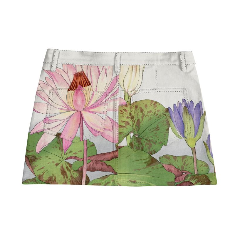 Denim Mini Skirt With Japanese Woodblock Floral Art