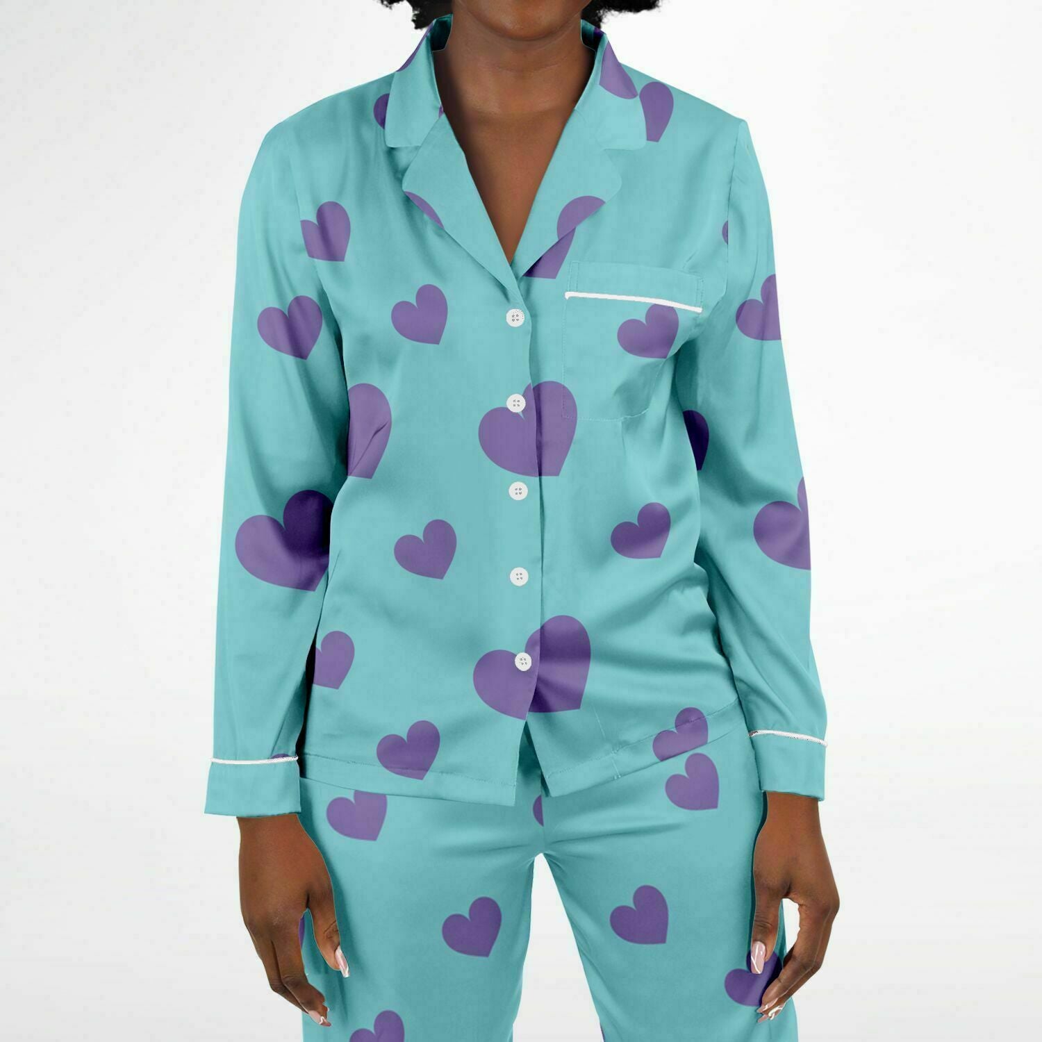 Women's Satin Pajamas Purple Love Hearts
