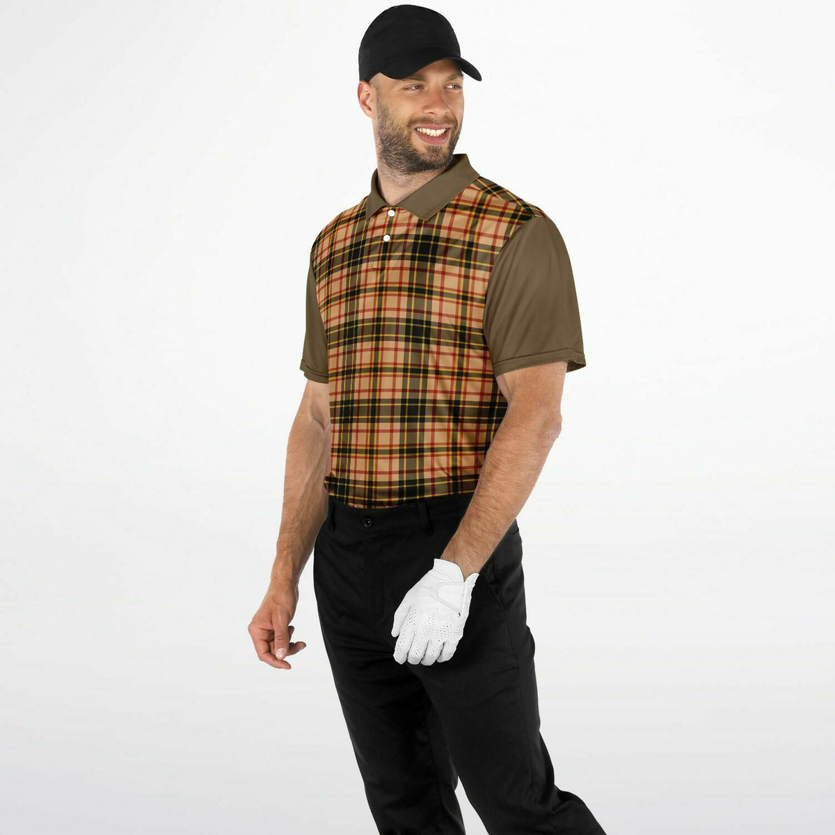 Performance Golf Polo with Sweat Wicking in Tan Plaid