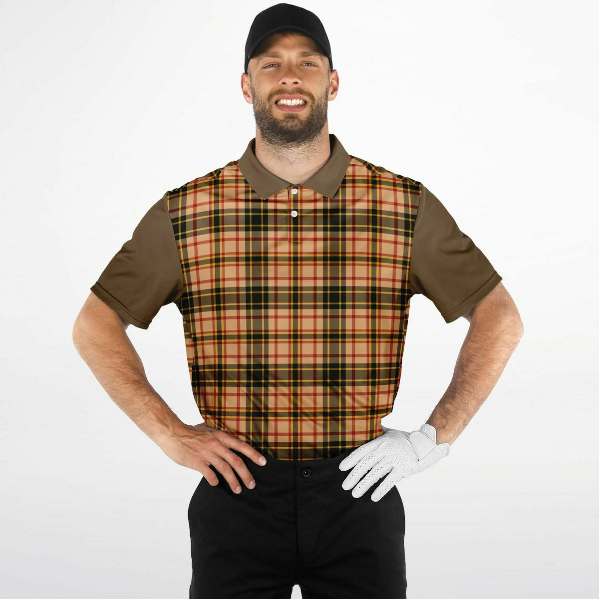 Performance Golf Polo with Sweat Wicking in Tan Plaid