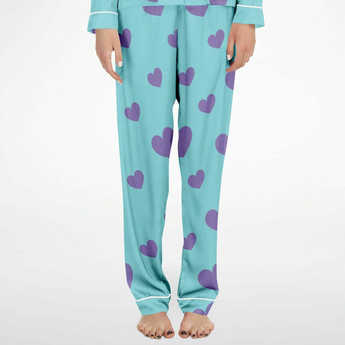 Damen Satin Pyjama Lila Liebesherzen 