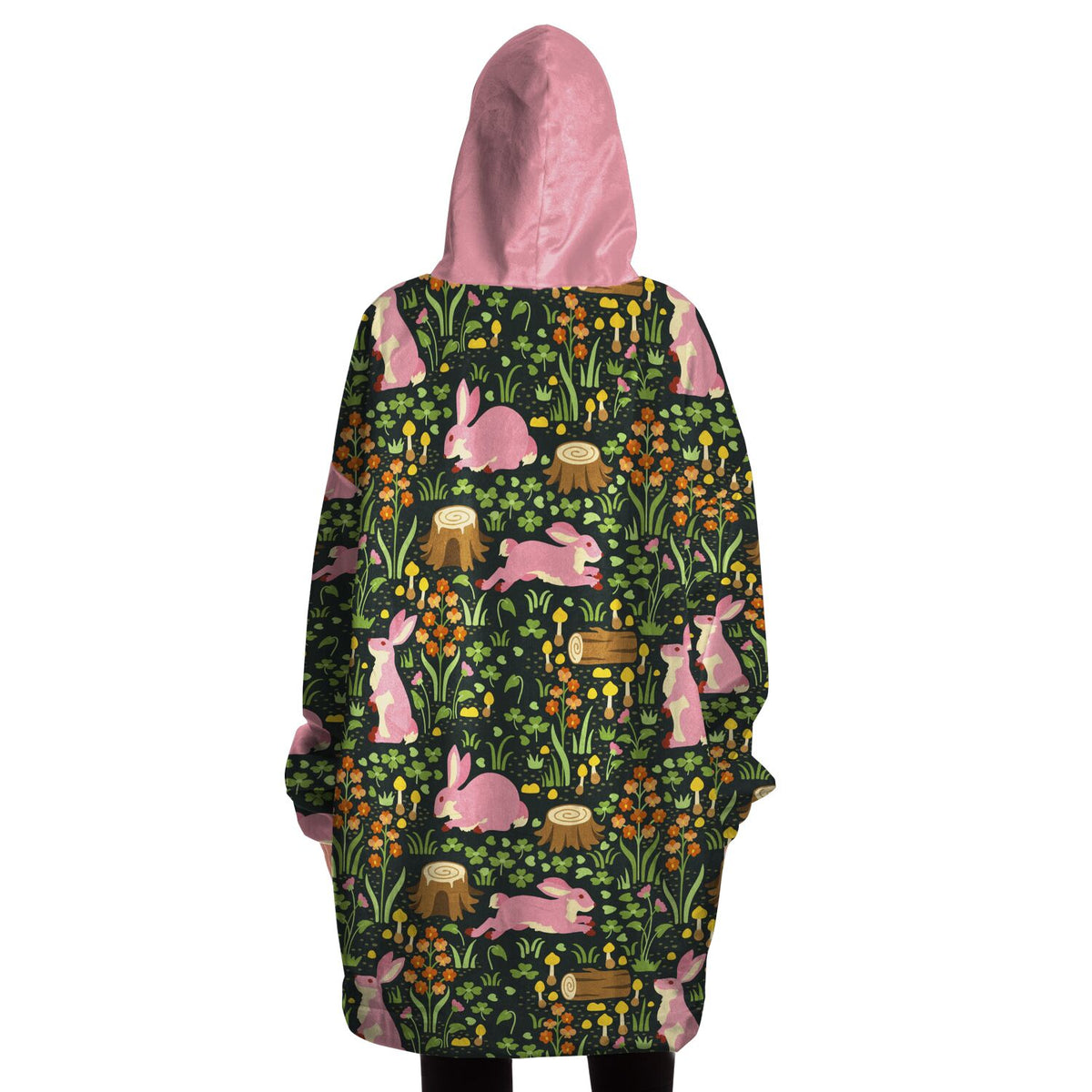 Enchanted Cottagecore: Kuscheliger Kapuzenpullover aus Mikrofleece mit Kaninchen- und Waldmotiv in Übergrößen erhältlich, Loungecore 