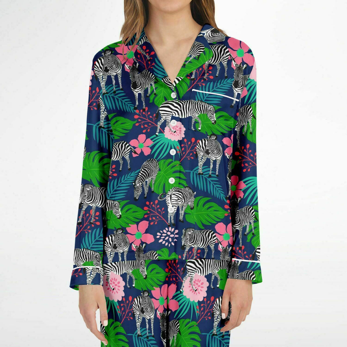 Damen Satin Pyjama Tropical Zebra 
