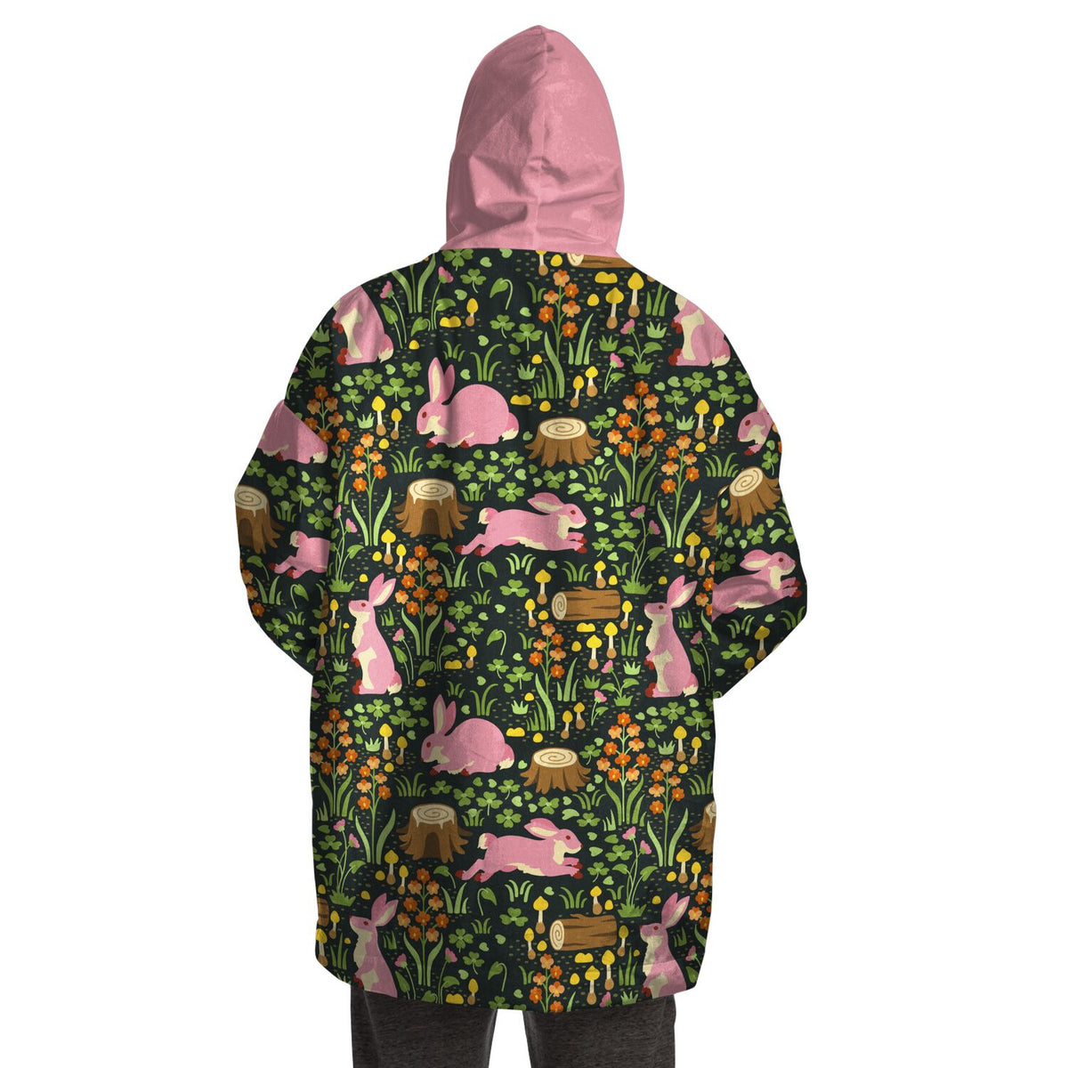 Enchanted Cottagecore: Kuscheliger Kapuzenpullover aus Mikrofleece mit Kaninchen- und Waldmotiv in Übergrößen erhältlich, Loungecore 