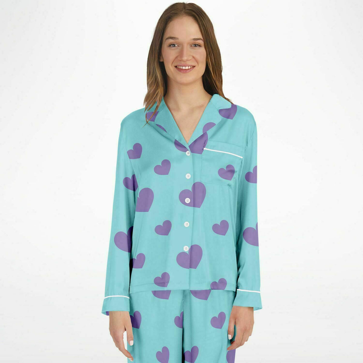 Damen Satin Pyjama Lila Liebesherzen 