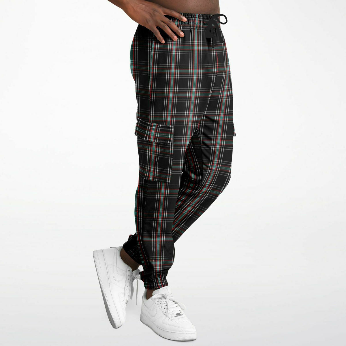 Black Plaid Athletic Cargo Sweatpants - AOP