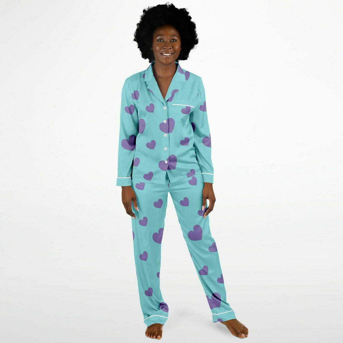 Damen Satin Pyjama Lila Liebesherzen 